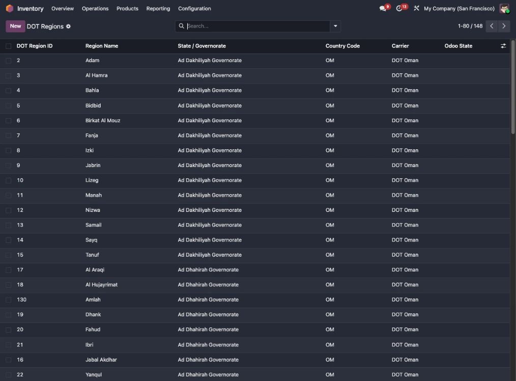 DOT Delivery Regions - Fetched and Mapped to Odoo States