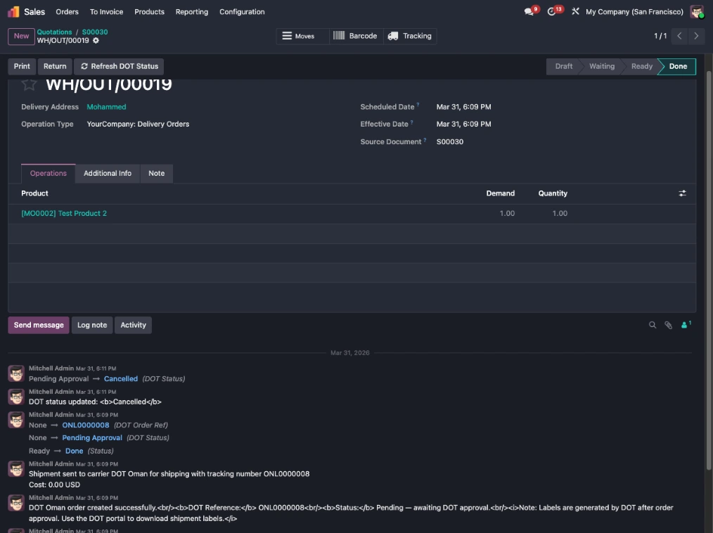 Delivery Status Tracked Inside Odoo