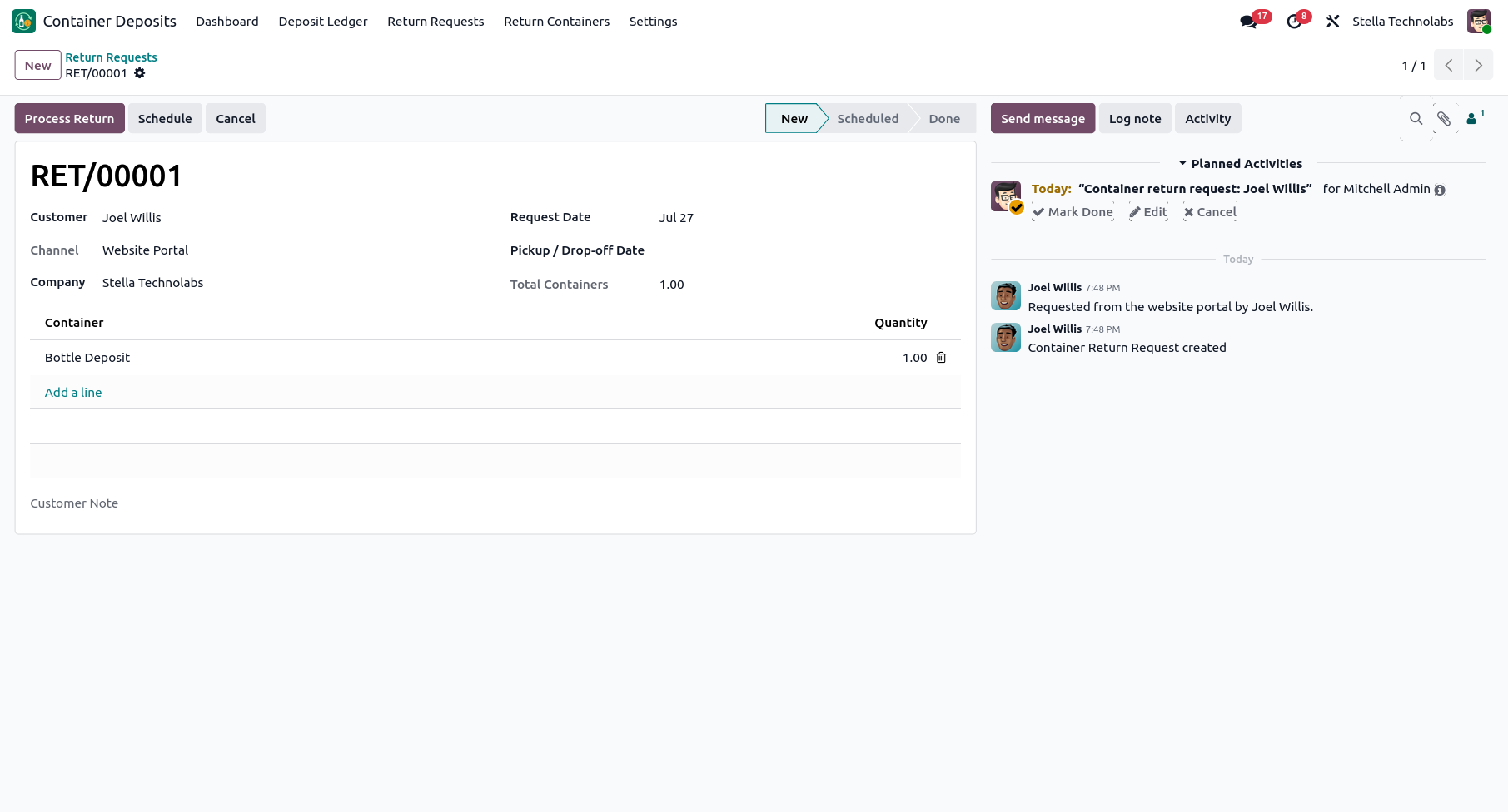 A website return request in the Return Requests pipeline, from New to Scheduled to Done