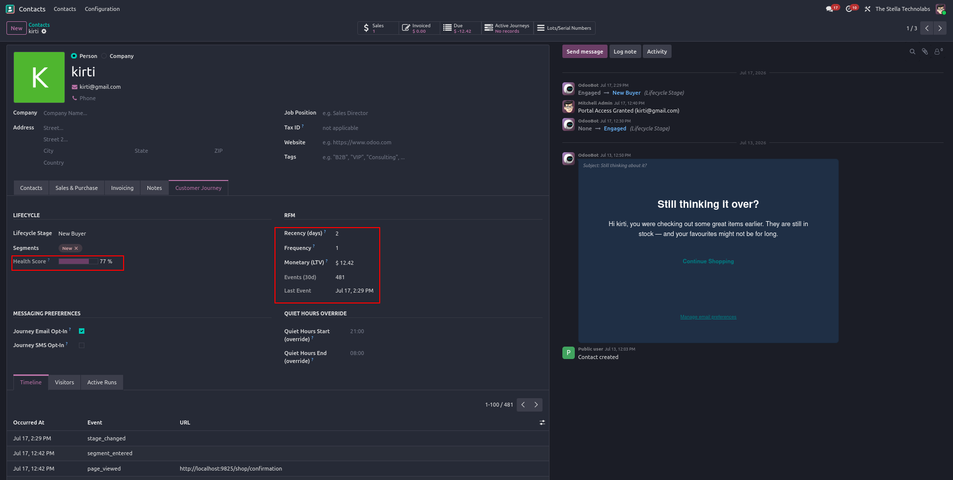 Odoo customer record showing an automated follow-up message, RFM scores, and health score from Customer Journey Suite