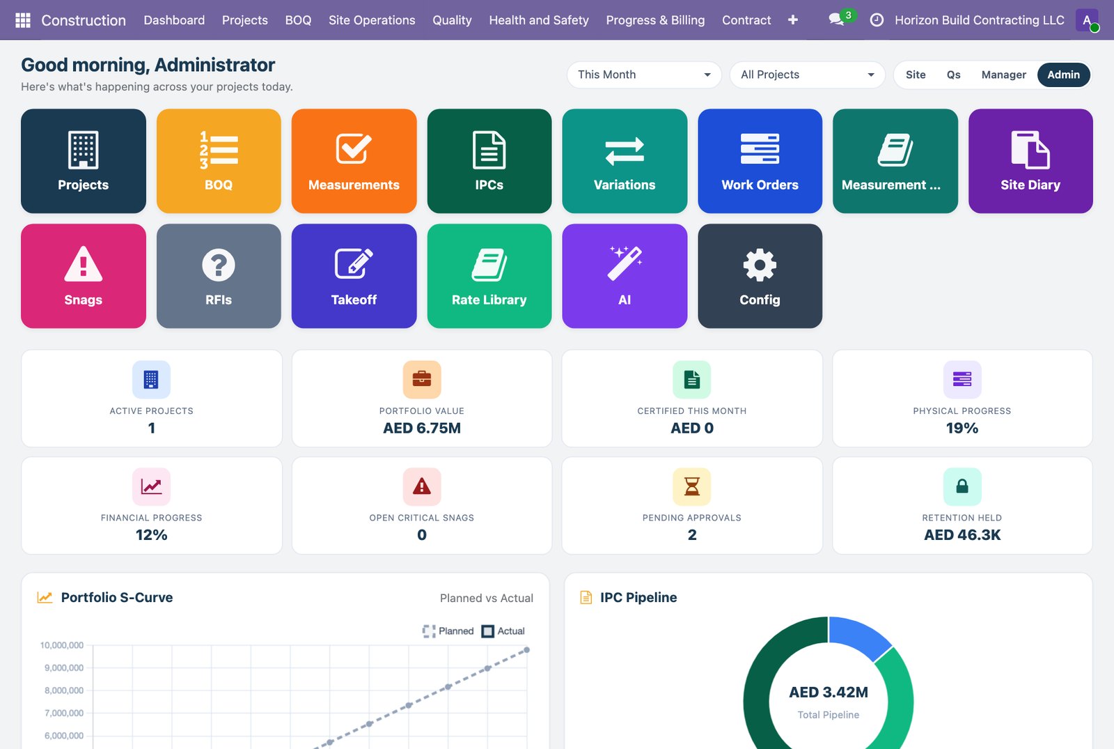 Construction dashboard with portfolio value, progress and pending approvals