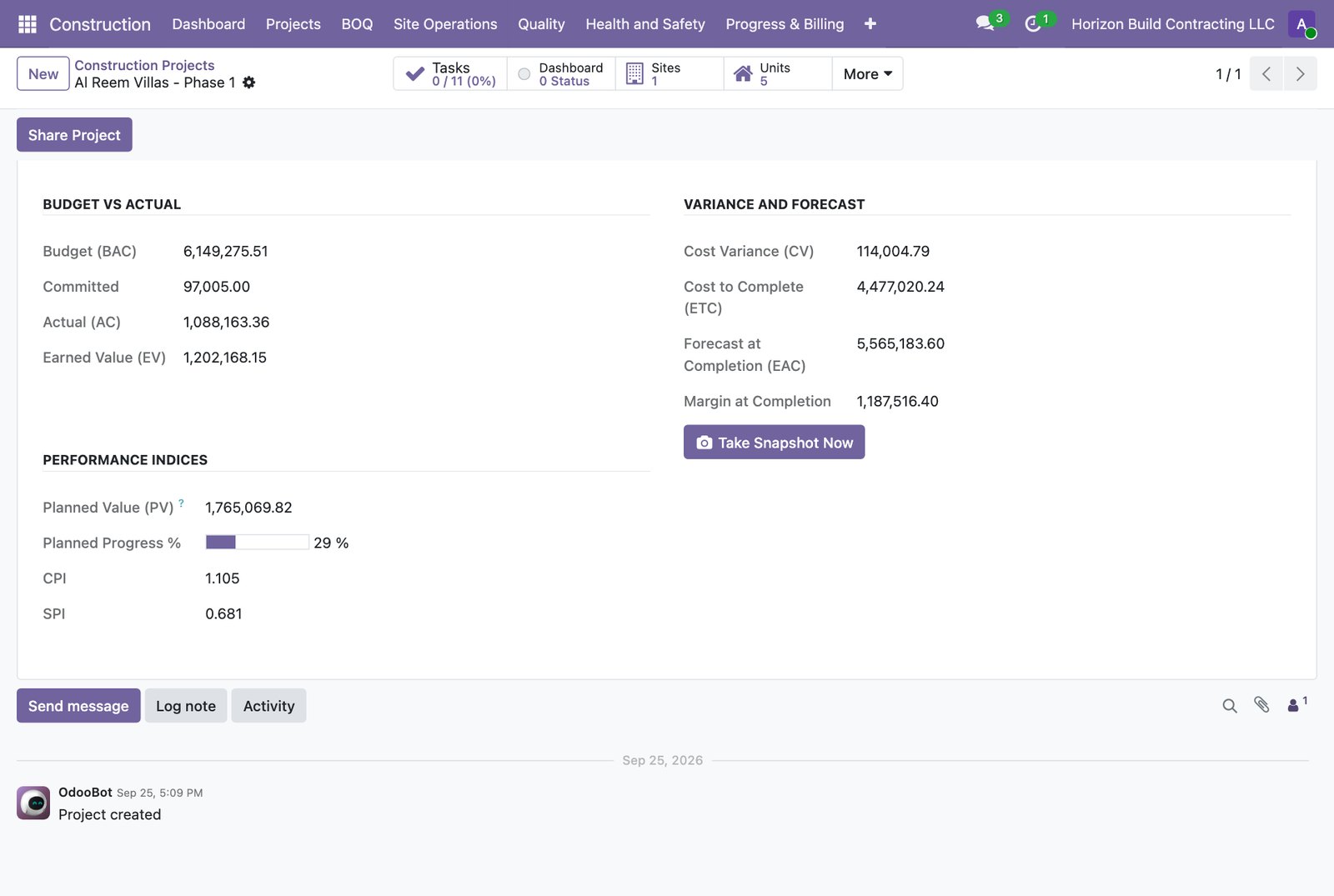 Job costing with earned value