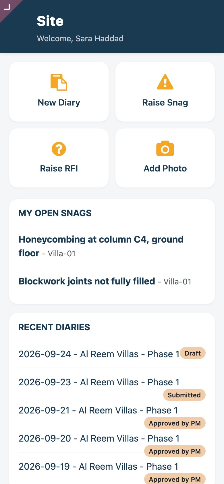 Site app on a phone with diary, snags, RFIs and photos