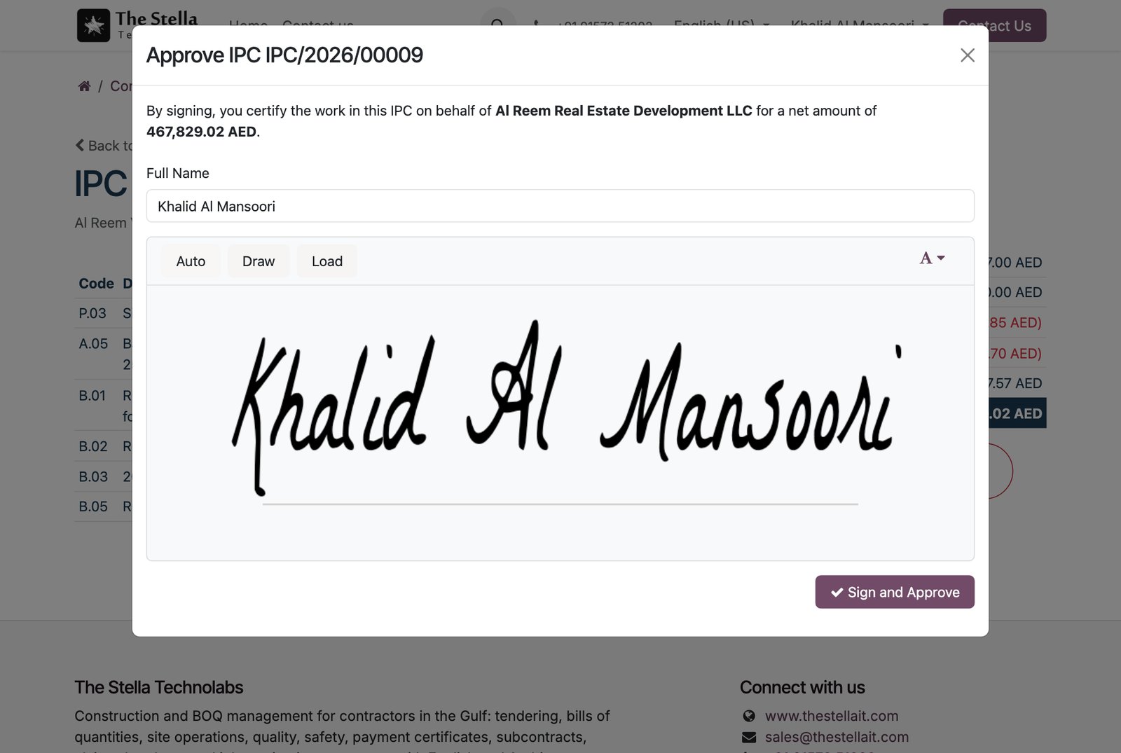 Client approving a payment certificate with a drawn e-signature