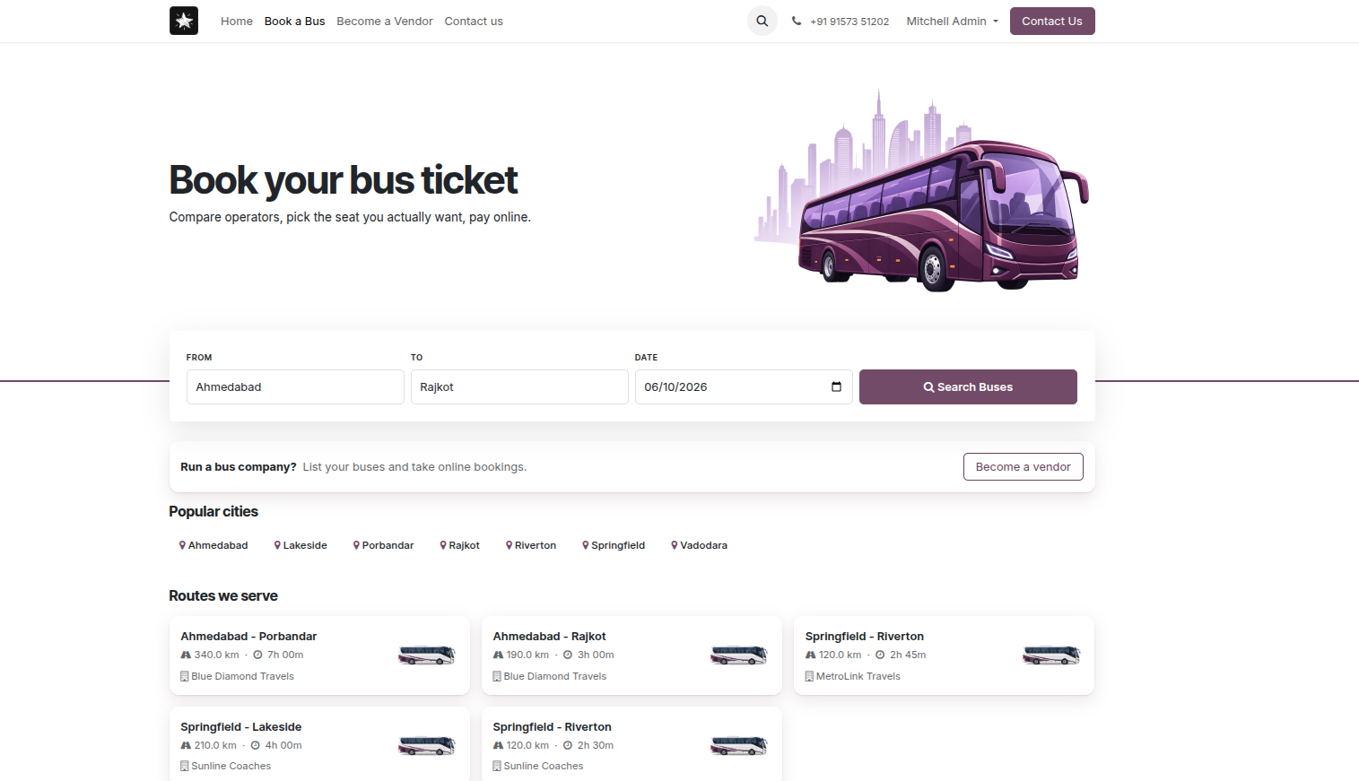 Bus booking website home page with route search
