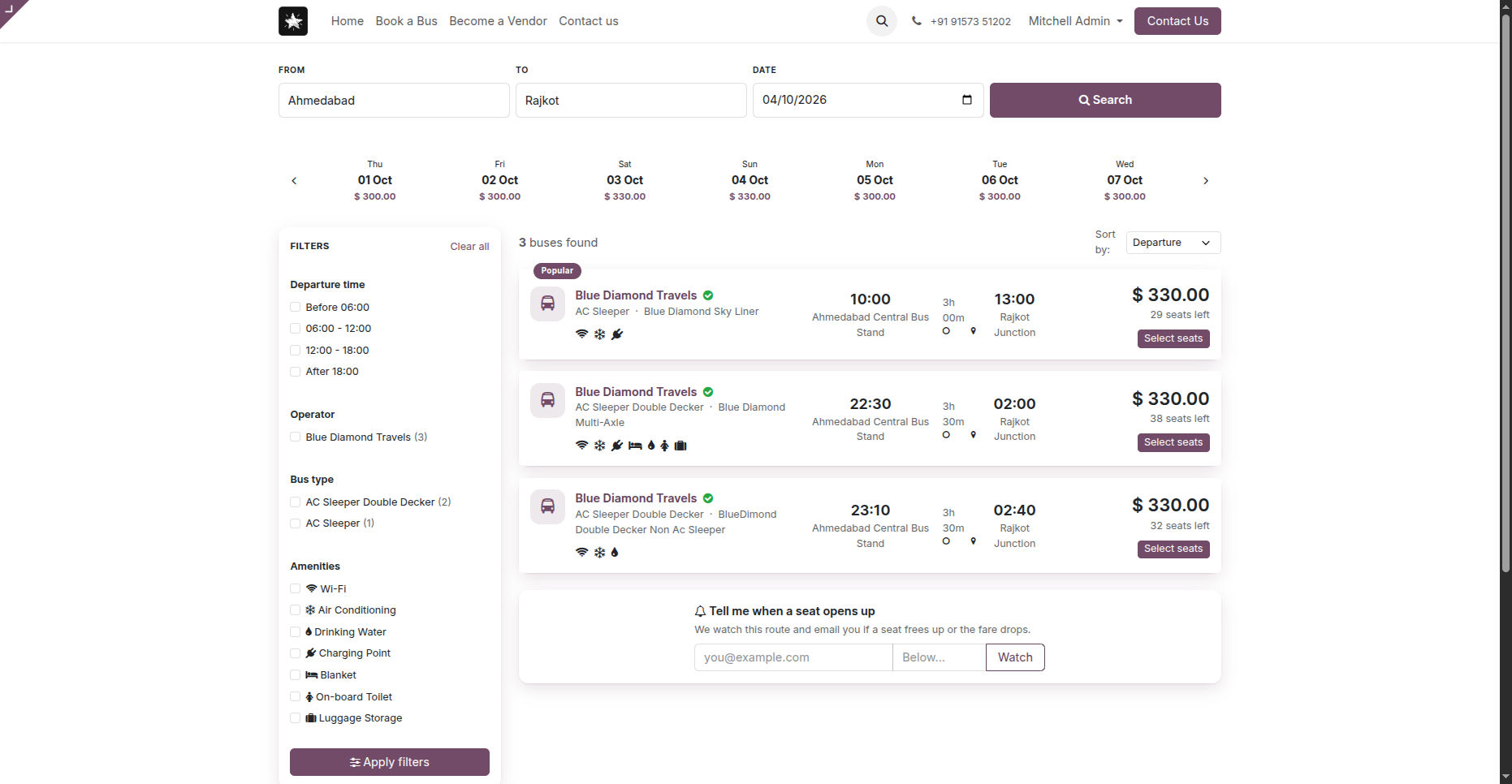 Search results comparing operators, fares and departure times