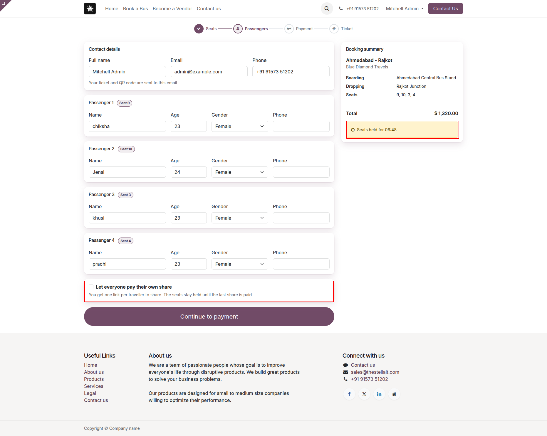 Passenger details with split payment across a group booking
