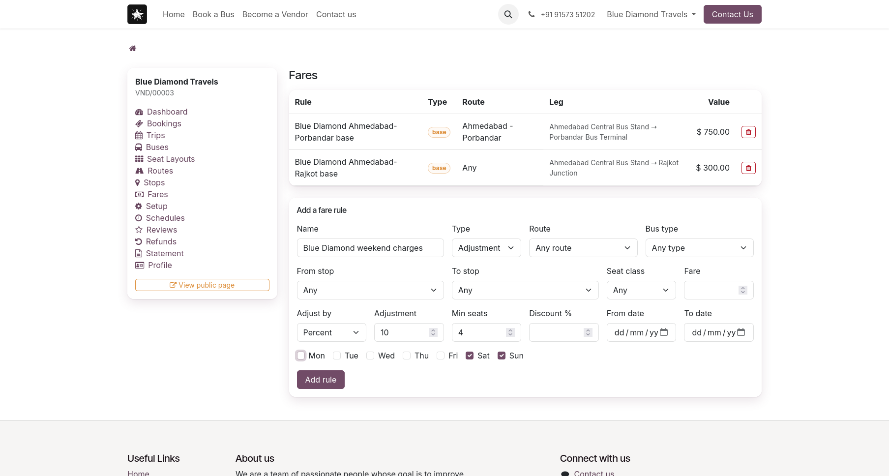 Vendor portal fare management for an operator