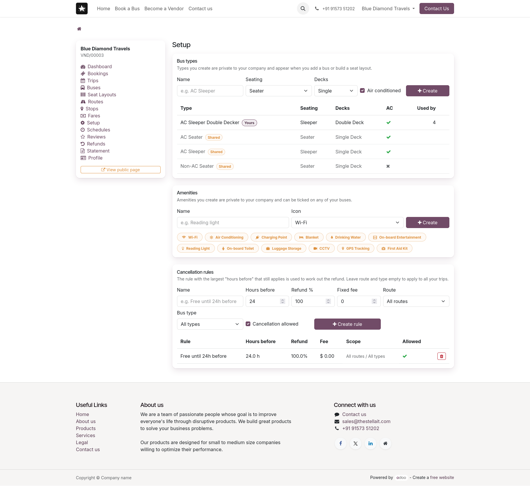 Vendor setup for bus types, amenities and cancellation rules