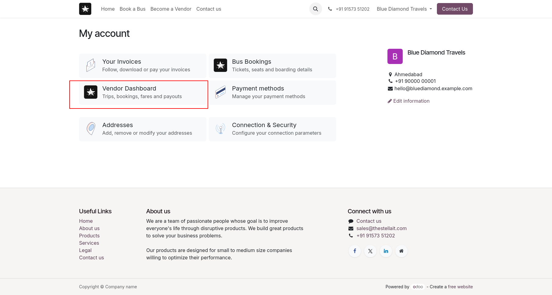 Vendor account overview in the operator portal