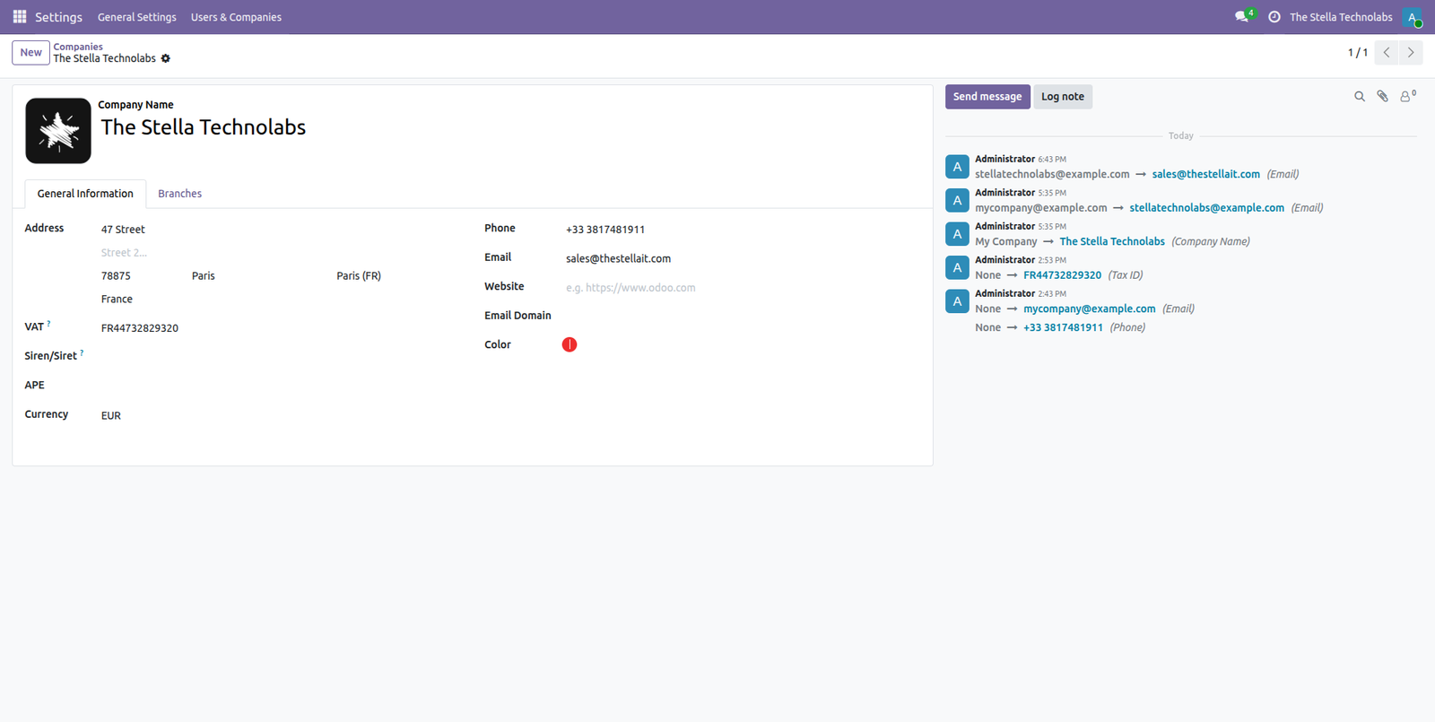 Company setup with the French identifiers