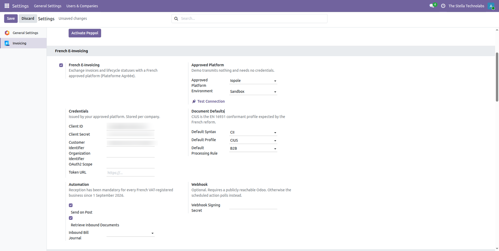 Odoo Accounting settings showing the approved platform, credentials and document defaults