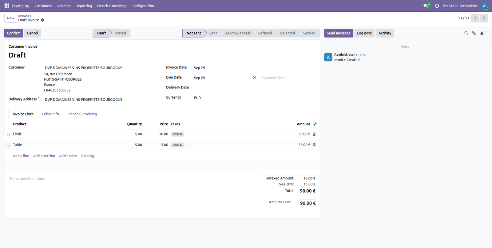 Draft invoice with the lifecycle status bar