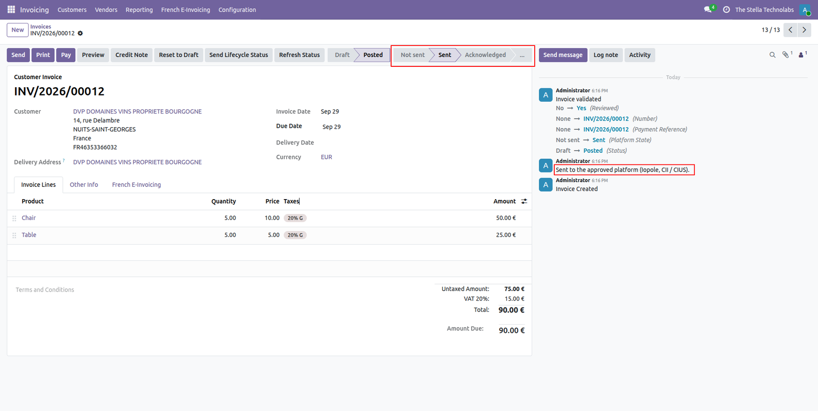 Posted customer invoice sent to the approved platform, with the lifecycle status bar