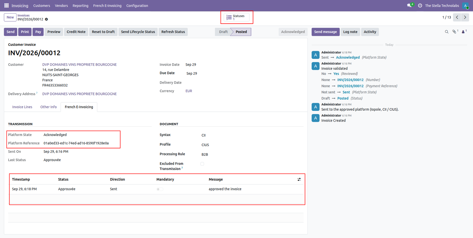 French e-invoicing tab on an invoice with the transmission detail and status timeline