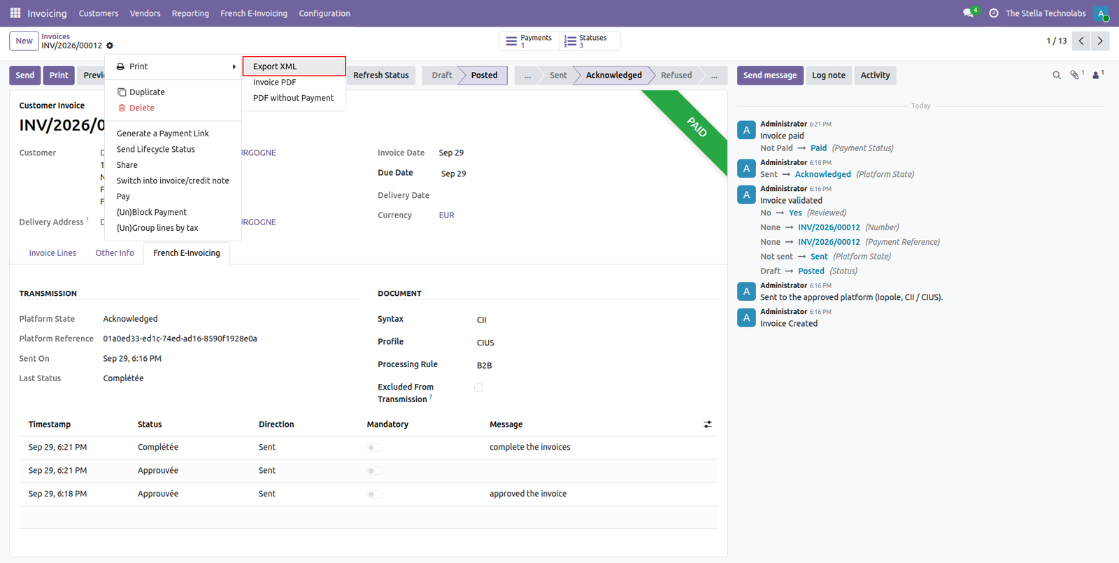 Export the structured XML from the invoice