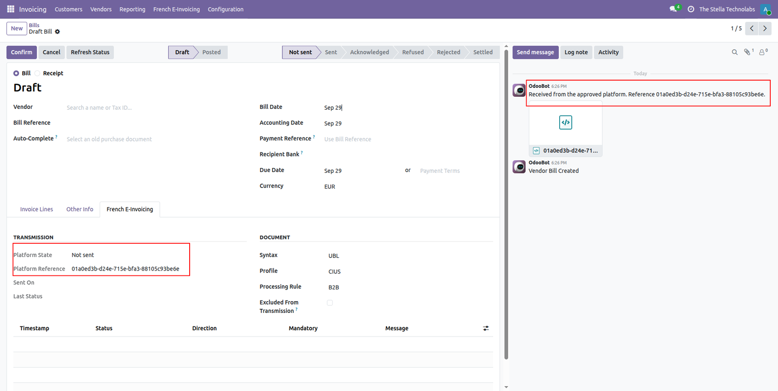Draft vendor bill created automatically from an inbound document, with the structured file attached