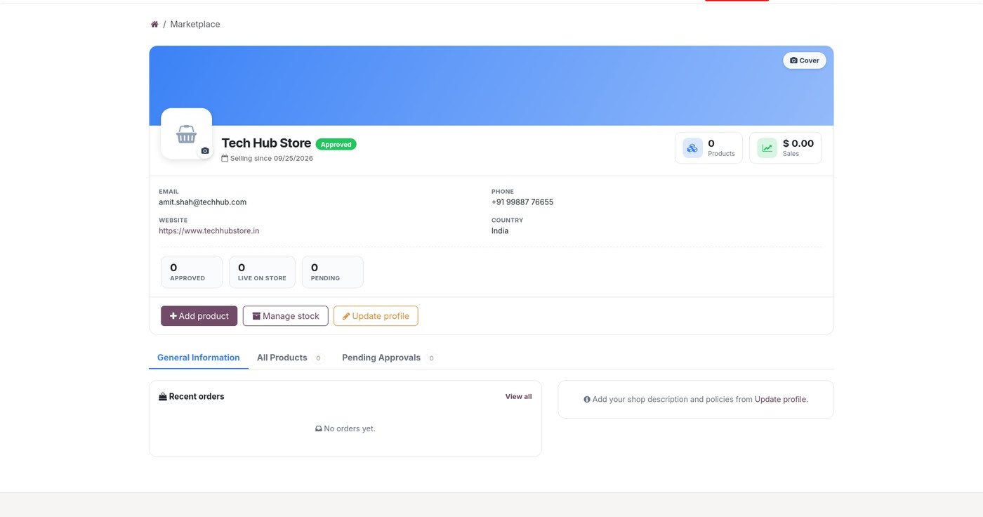 Vendor seller dashboard showing products, sales, approvals and the add product, manage stock and update profile actions